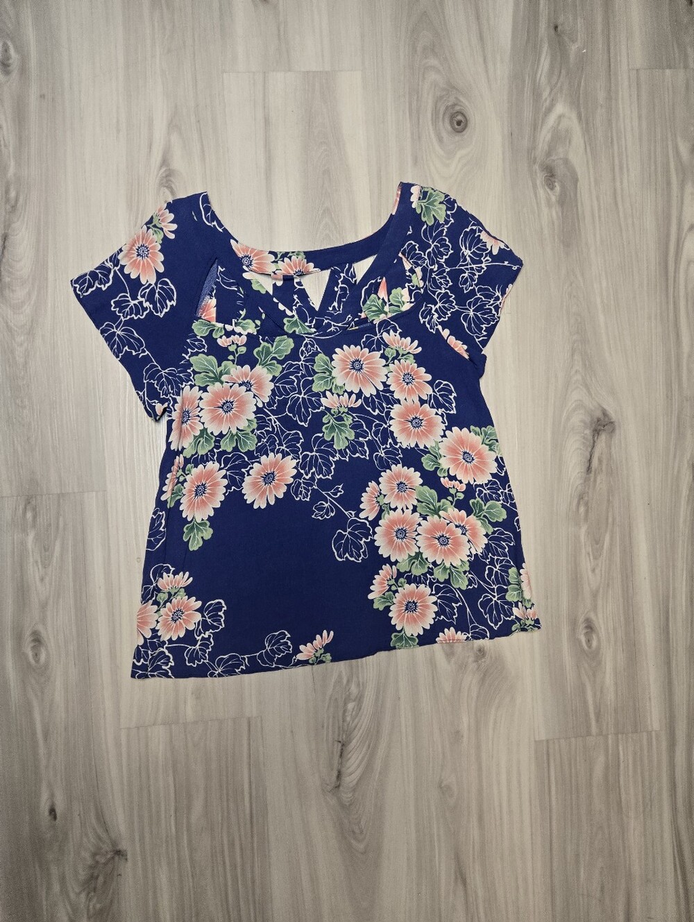 Maeve Anthropologie Tri-Cut Floral Blouse Navy Pink Open Back Cutout Size 10